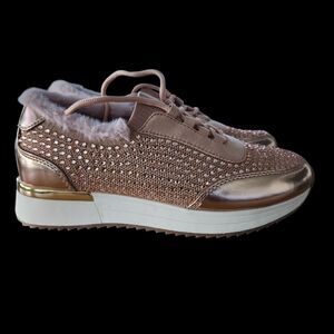 Kenneth Cole REACTION Sparkle Faux Fur Sneaker Rose Gold Bling Platform Size 6